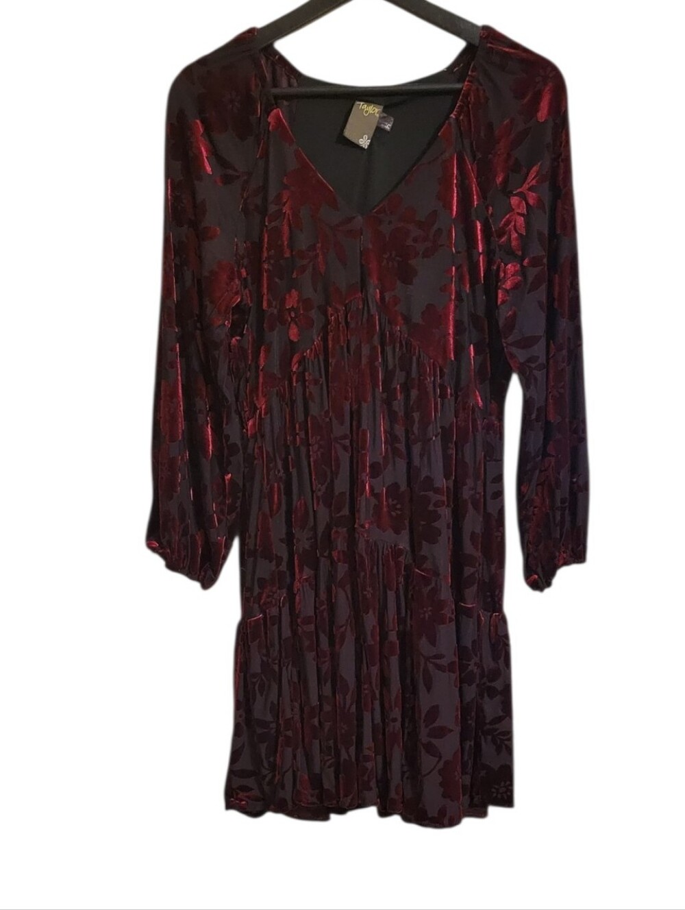 Taylor Red Floral Velvet Burnout Tierer Dress